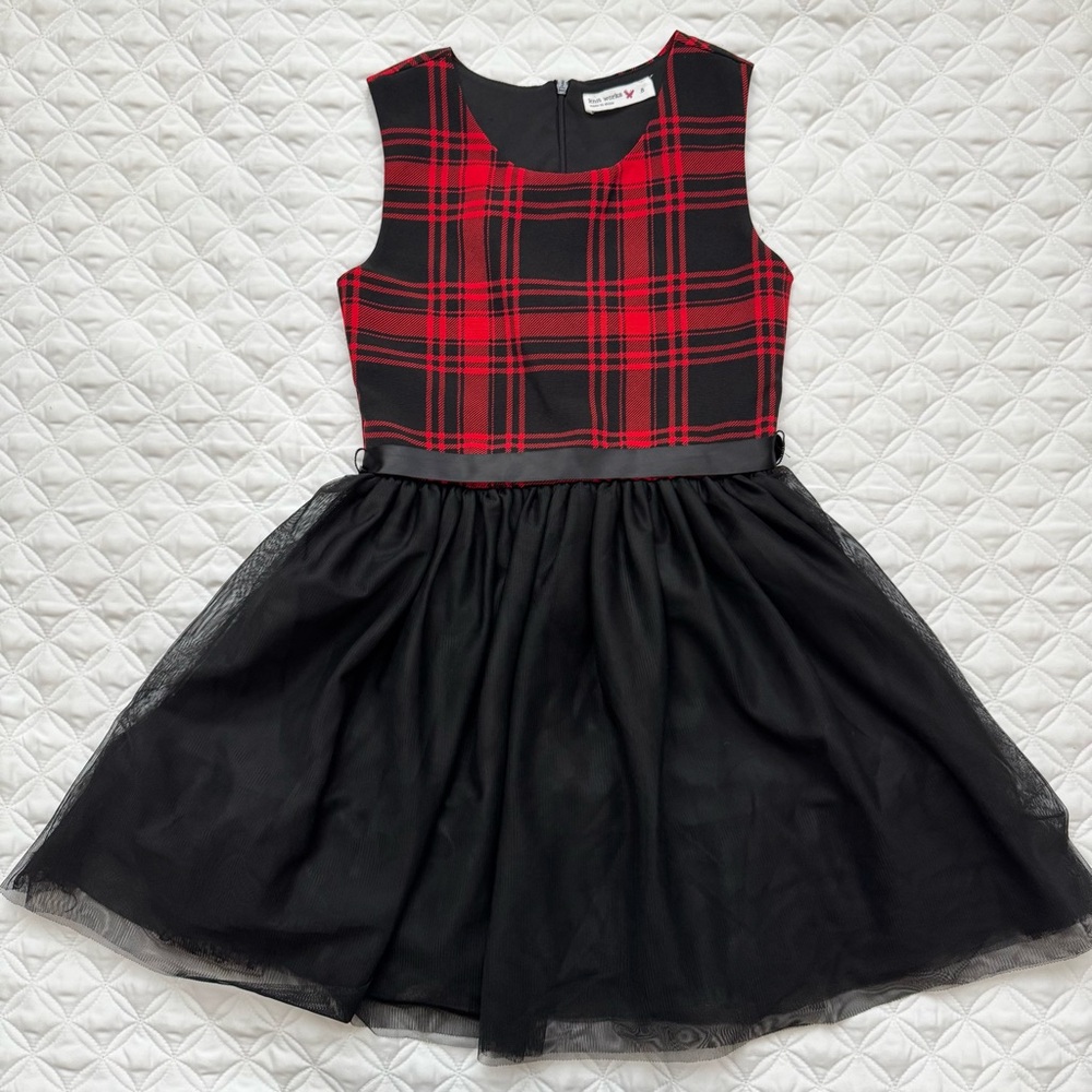 Knitworks Red Black Plaid A-Line Tulle Tutu Sleeveless Holiday Dress Size 8